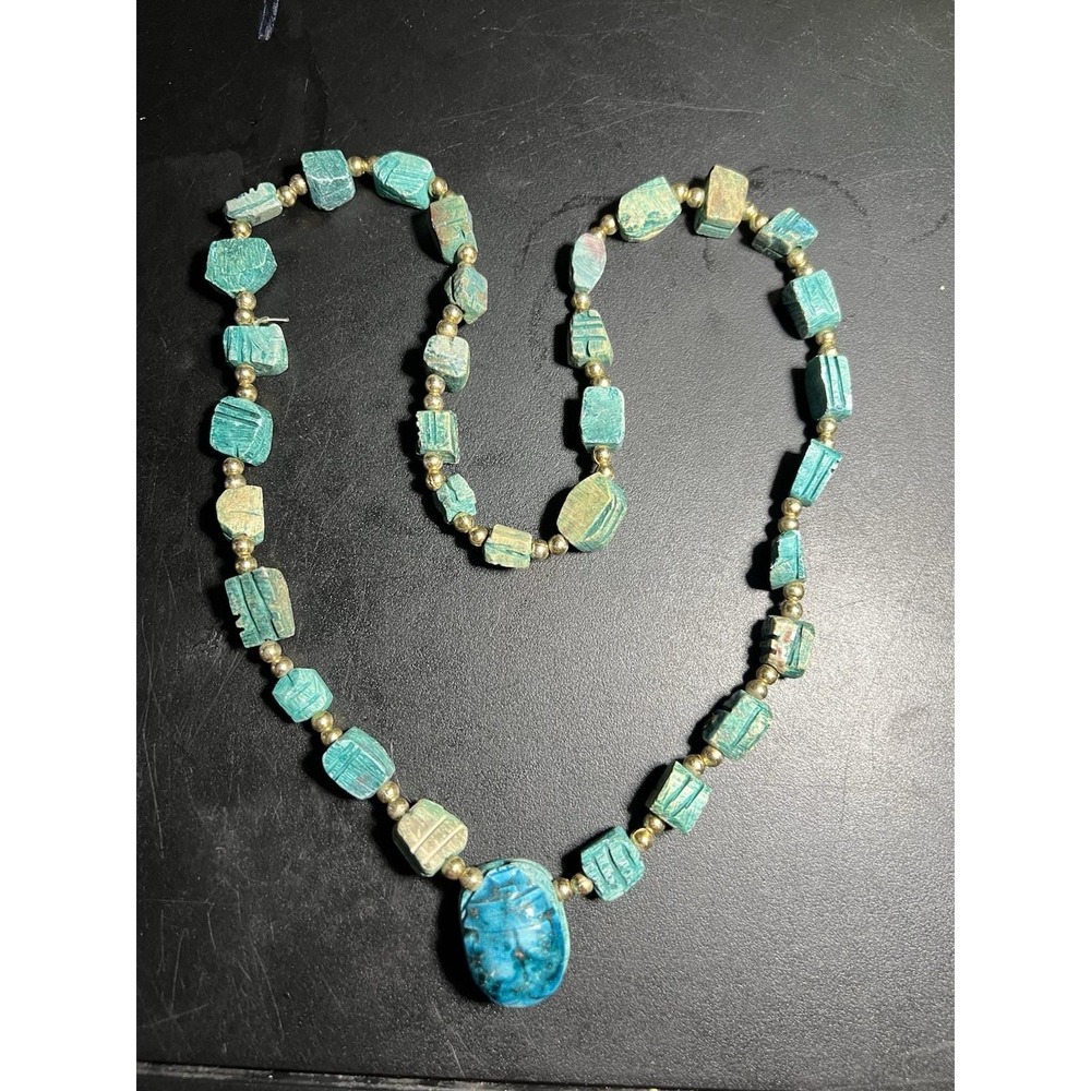 Vintage 70s Egyptian Revival Necklace Carved Stone Scarab Beetle Aqua Chiq Quirk